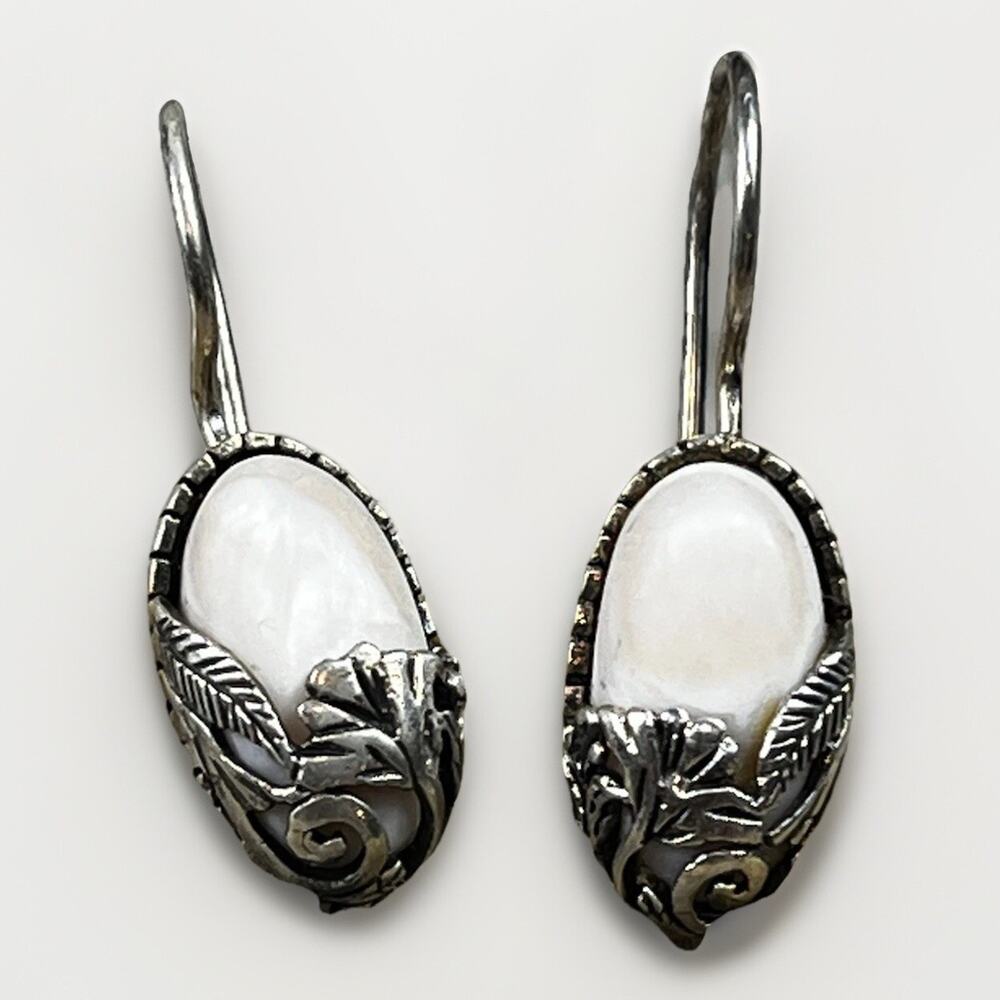 Designer 925 Sterling Silver and Mother of Pearl Dangle Drop Wire Back Earrings